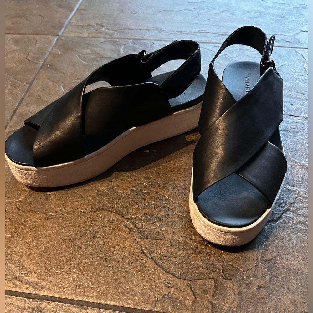 VINCE Black Leather Criss Cross Open Toe Platform Slingback Sandal Sporty Chic